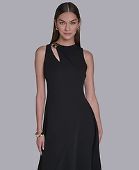 Halston Women's Keyhole Detail Sleeveless Asymmetrical Hem Midi Dress