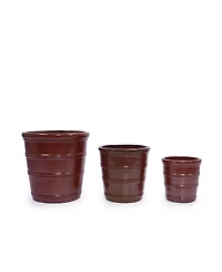 Clihome Handmade Glazed Ceramic Planter Set of 3, 16/13/10 Inch Diameter, Horizontal Rib Design, for Outdoor Garden & Indoor Staircase Use