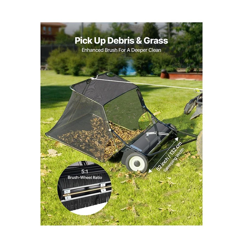 Sugift 52 in Tow Behind Yard Sweeper 26 cube.feet. Large Yard Sweeper