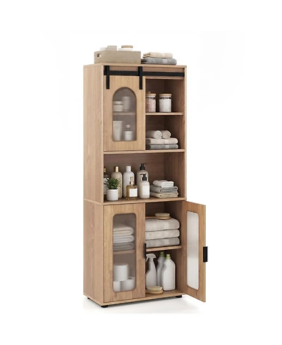 Gymax 59'' Farmhouse Bathroom Floor Cabinet w/Sliding Barn Door and Shelves for Kitchen