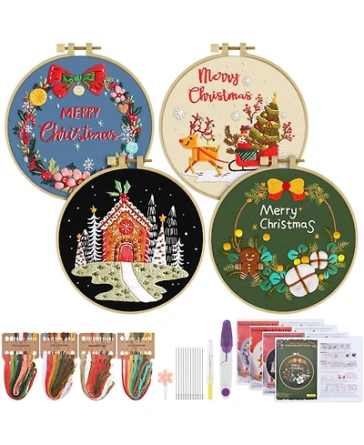 Gnuadz 4 Sets Christmas Embroidery Kit Beginners Cross Pattern Hoops Threads