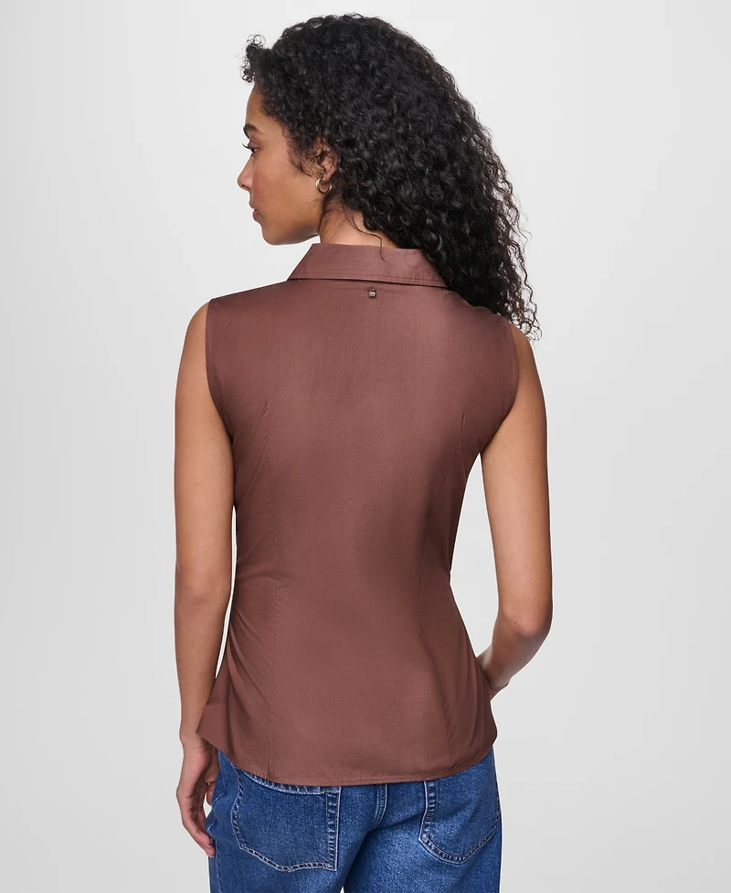 Dkny Jeans Women's Sleeveless Collared Twist Front Button-Up Shirt