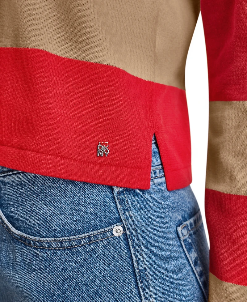 Dkny Jeans Women's Long-Sleeve Logo Charm Multi-Stripe Cotton Polo Sweater