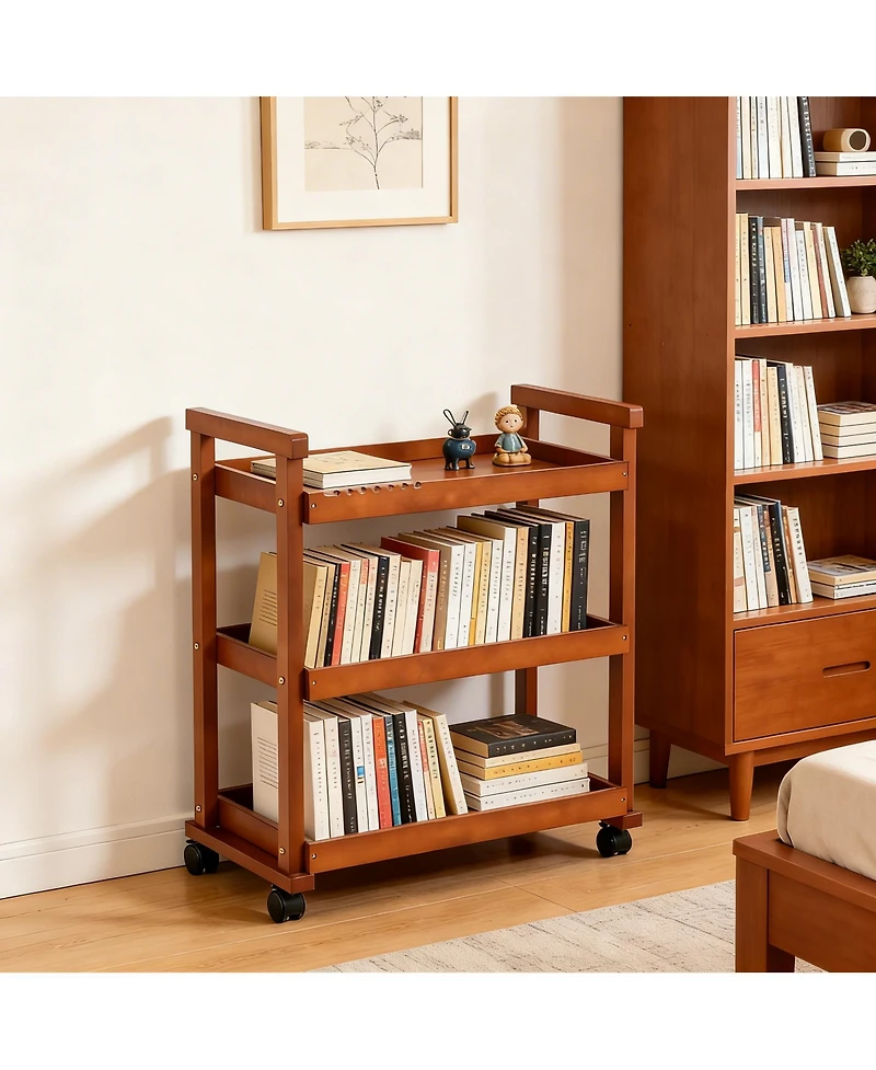 Yigii Solid Beechwood Art Cart with 3-Tier Shelves and Swivel Wheels