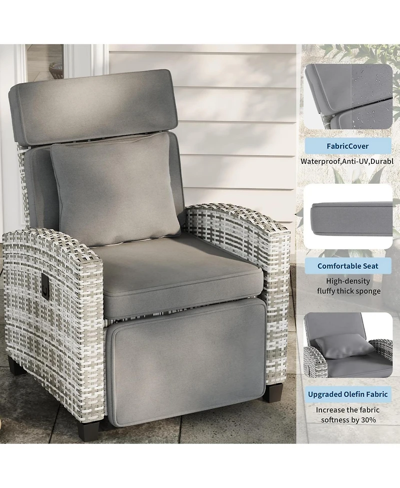 GarveeLife Outdoor Wicker Recliner Chair with 145degree(s) Adjustable Backrest and Footrest, Flip-Up Side Table, Removable Cushion