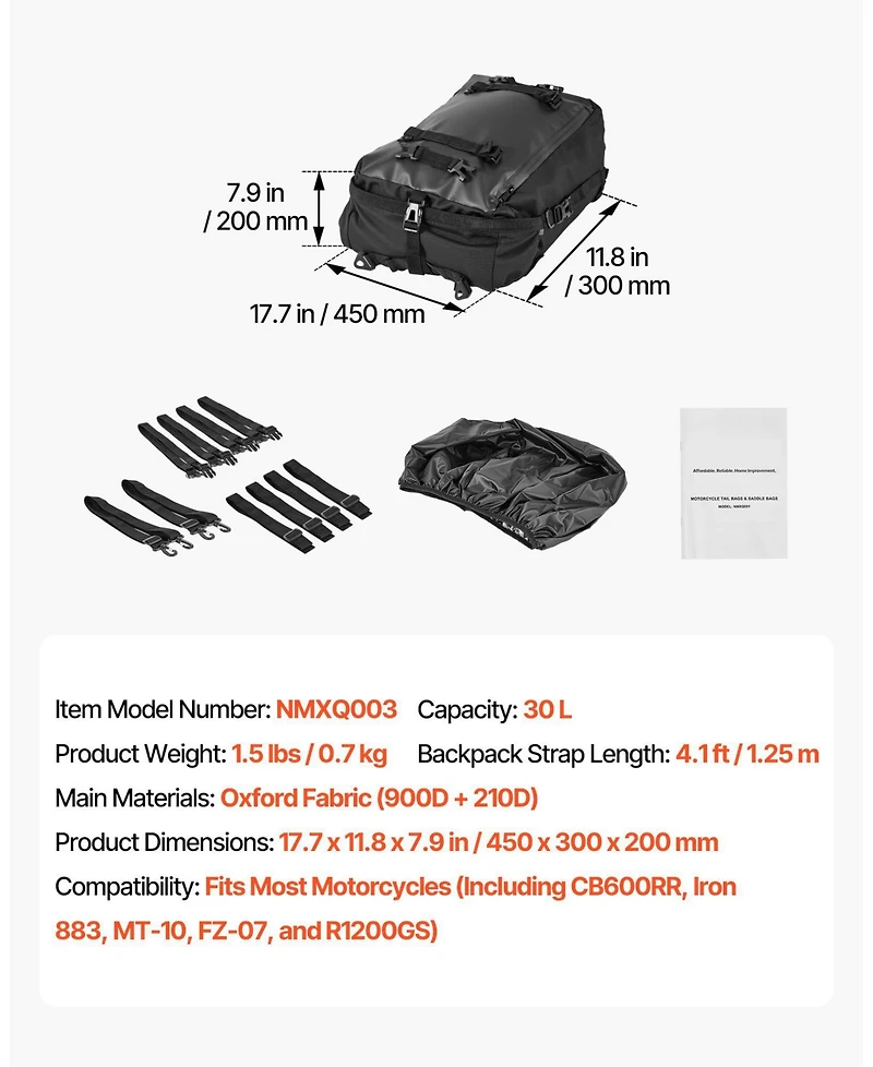 Mecale 30L Motorcycle Tail Bag Waterproof with Rain Cover and Shoulder Straps