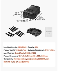 Mecale 30L Motorcycle Tail Bag Waterproof with Rain Cover and Shoulder Straps