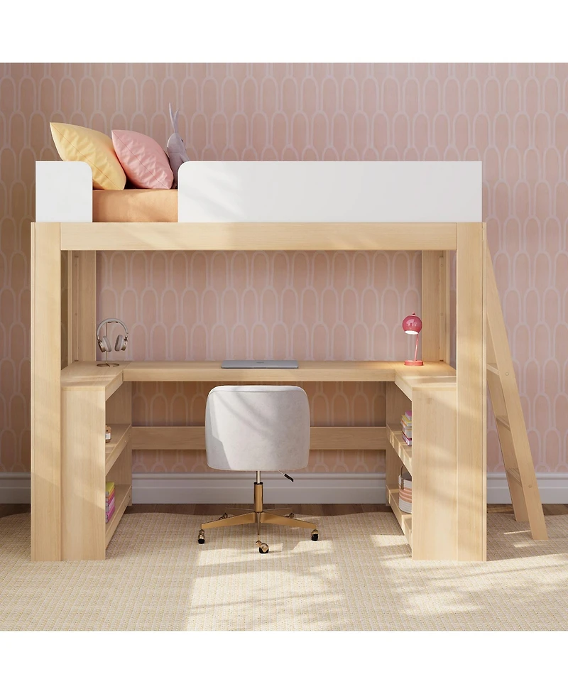Max and Lily Mid-Century Modern Twin Loft Bed with Wraparound Desk Shelves