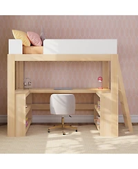 Max and Lily Mid-Century Modern Twin Loft Bed with Wraparound Desk Shelves