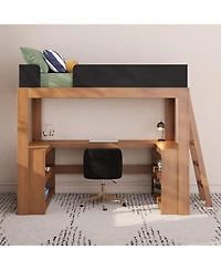 Max and Lily Mid-Century Modern Twin Loft Bed with Wraparound Desk and Shelves