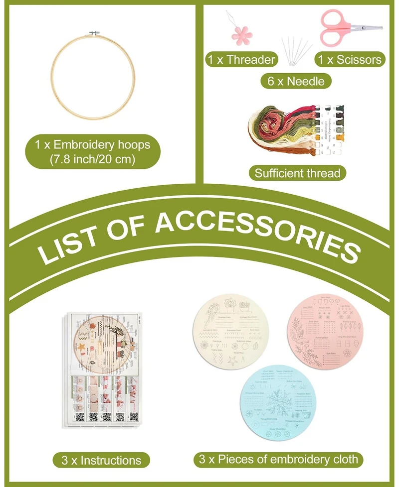 Gnuadz 3 Sets Embroidery Kit Beginners Learn 30 Stitches Diy Cross Patterns Hoop Threads Tools