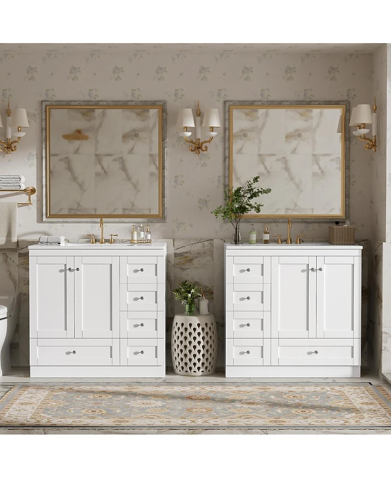 Sillysis 72 Inch Double Sink Bathroom Vanity, Freestanding Modern Mdf Cabinet with Soft Close Drawers and Ceramic Sinks