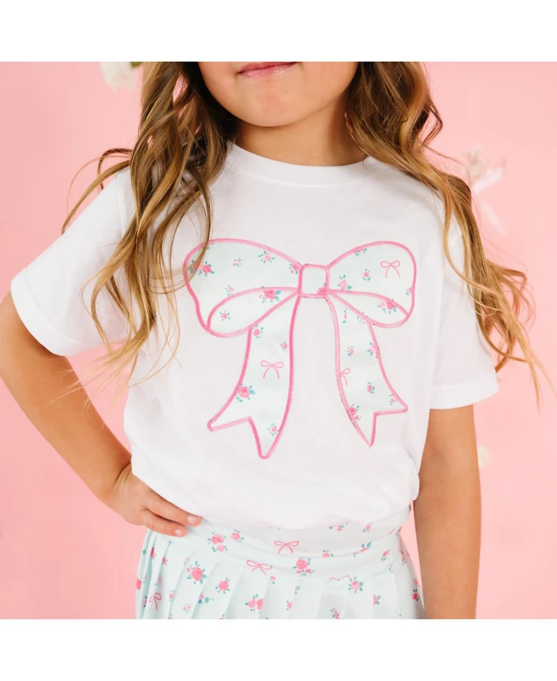 Sweet Wink Little Girls Sky Blue Floral Bow Patch Short Sleeve T-Shirt
