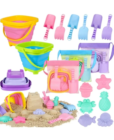 Gnuadz 18Pieces Collapsible Beach Toys Foldable Sand Buckets Shovels Set