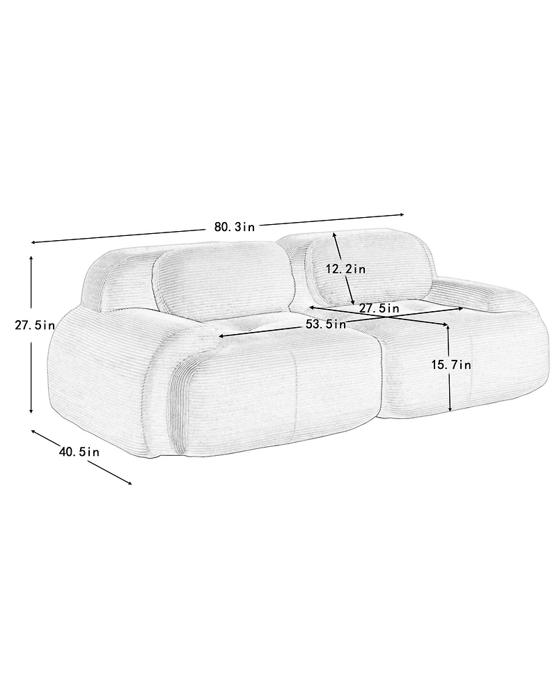 Rainsken Boneless Loveseat Sofa, Corduroy Fabric Modular Sectional Couches with Curved Armrests and Anti-slip Design for Living Room