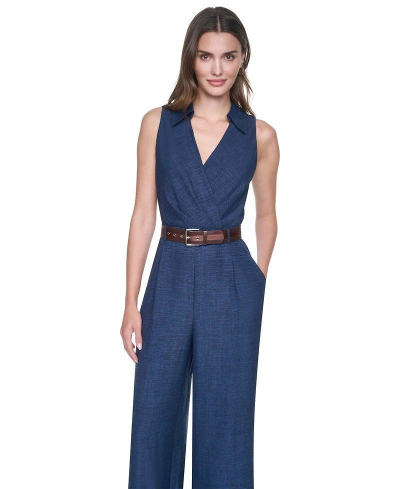 Dkny Women's Collared Sleeveless Belted Jumpsuit