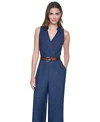 Dkny Women's Collared Sleeveless Belted Jumpsuit