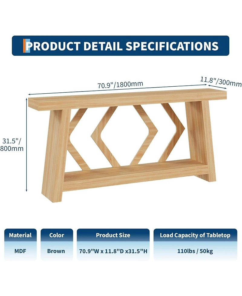 gaomon 70.9 Inch All-Wood Console Table, Ultra-Stable Trapezoid Leg Sofa Table Behind Couch, 2-Tier Extra Long Entryway Table for Hallway, Living Room