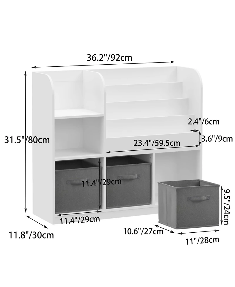 Rainsken Kids Bookcase, with 3 Collapsible Fabric Drawers, Toy Organizers and Storage Bookcase, for Bedroom, Playroom, Hallway