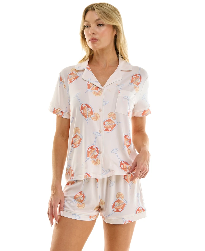 Jaclyn Intimates Women's Short-Sleeve Notch Collar Top and Shorts, 2-Piece Set