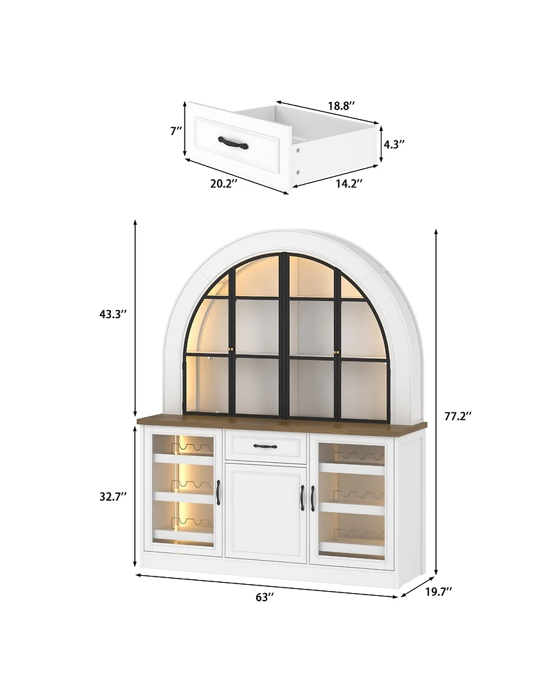 Homsee Wine Cabinet with Bluetooth Led Lighting - Farmhouse Hutch with Adjustable Shelves & Dual Wine Racks |Storage Cabinet