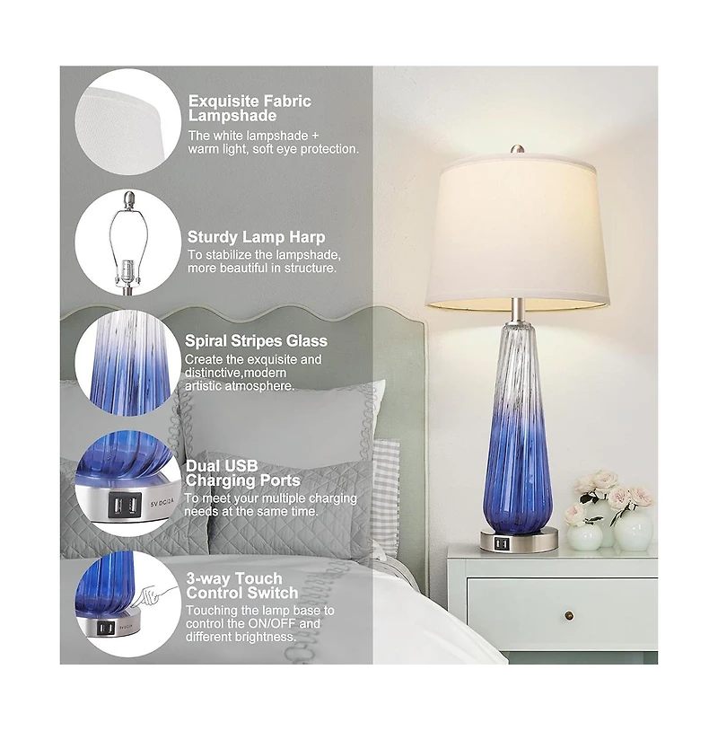 Sofucor 27.5-inch Table Lamps Set of 2 with Touch Control, 3-Way Dimmable Modern Glass Bedside Lamps with Bedrooms Decorations