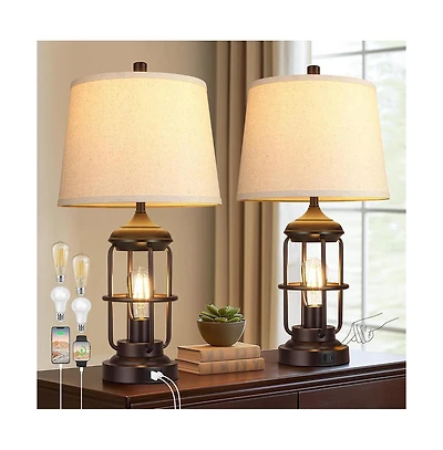 Sofucor 23-inch Table Lamp Set of 2 with Usb Ports, Touch Control 3-Way Dimmable Bedside Lamp with 2 Led Night Light, Farmhouse Rustic Nightstand Lamp