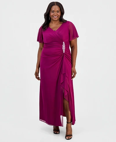 Alex Evenings Plus Flutter-Sleeve Embellished-Trim Gown