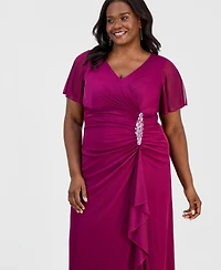 Alex Evenings Plus Flutter-Sleeve Embellished-Trim Gown