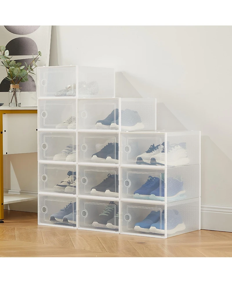 homfan 12Pcs Clear Collapsible Shoe Storage Boxes - Stackable Transparent Organizer Bins for Closet, Home, and Shoes - Space-Saving