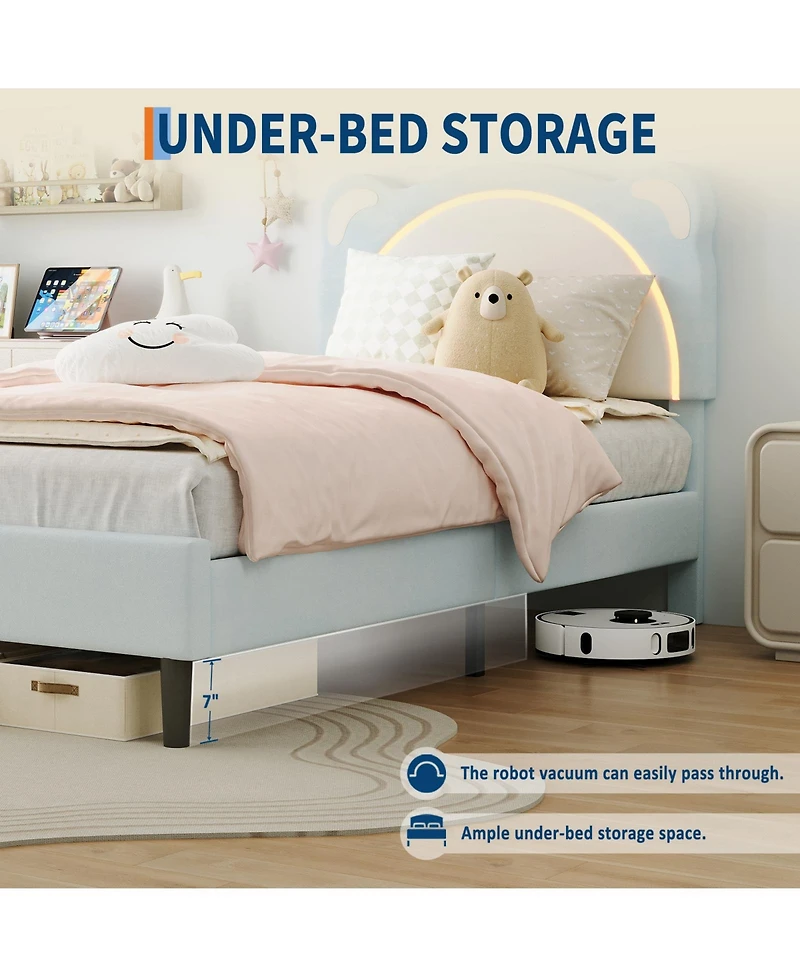 homfan Led Headboard Kids Bed Frame - Adjustable Cute Bear Design, Suede Upholstery, Storage Drawer, Plain Wood Slats, Noise-Free