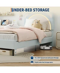 homfan Led Headboard Kids Bed Frame - Adjustable Cute Bear Design, Suede Upholstery, Storage Drawer, Plain Wood Slats, Noise-Free