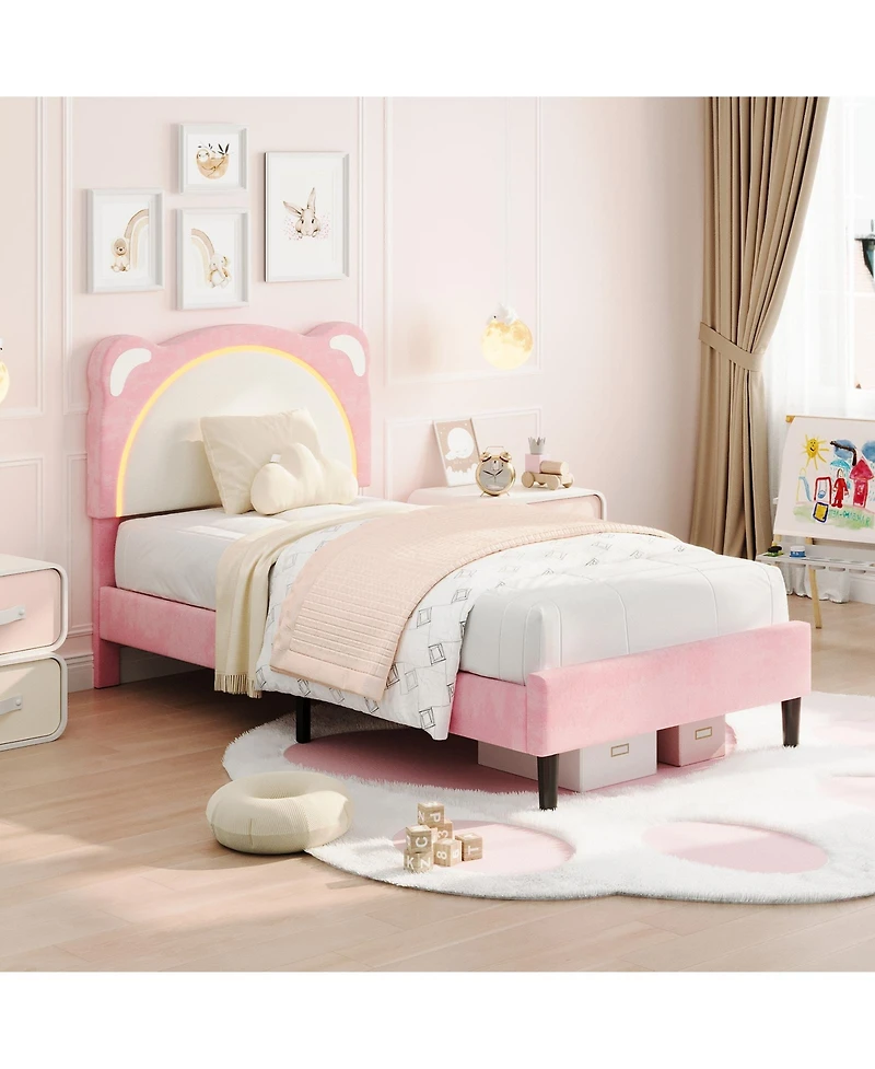 homfan Led Headboard Kids Bed Frame - Adjustable Cute Bear Design, Suede Upholstery, Storage Drawer, Plain Wood Slats, Noise-Free
