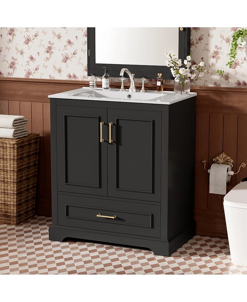 Busdays 30 Inch Bathroom Vanity with Sink Mdf Solid Wood Frame 1 Divider Drawer 2 Soft Close Doors Double Shelf Freestanding Vanity