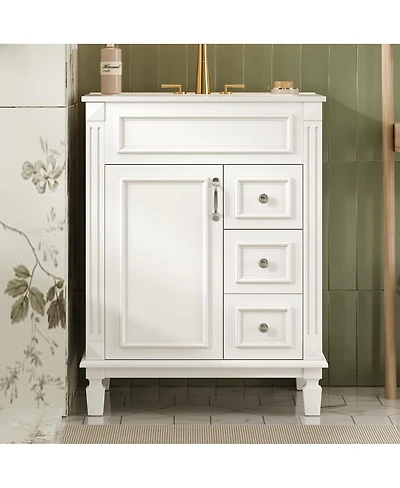 Sillysis 24 Inch French Freestanding Bathroom Vanity with Ceramic Sink, 2 Drawers and Adjustable Shelf for Small Spaces