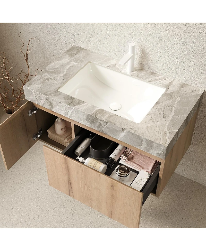 Sillysis 30 Inch Wall Mounted Bathroom Vanity with Italian Sintered Stone Top, Ceramic Sink, Soft Close Storage