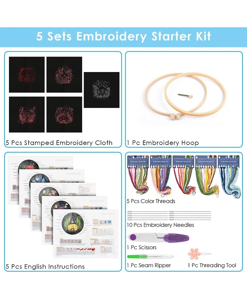 Gnuadz 5Sets Embroidery Kit Beginners Cross Stitch Hoops Threads