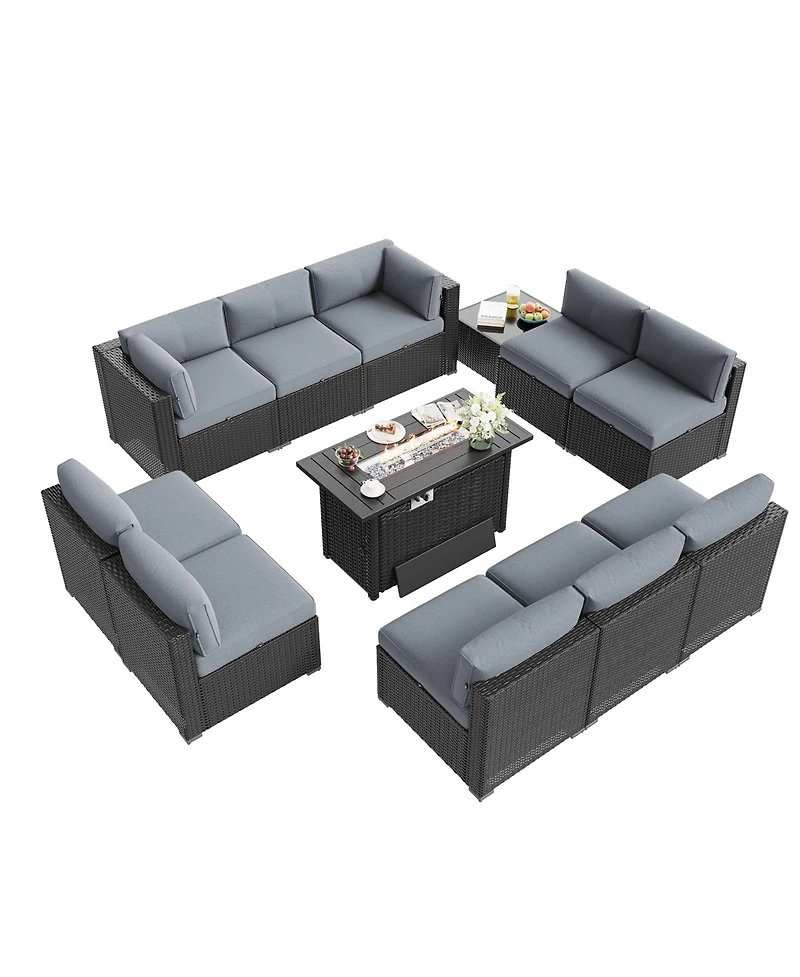 Aoxun 12-Piece Outdoor Wicker Patio Conversation Set with 44" Propane Fire Pit Table and Cushions