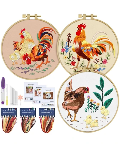 Gnuadz 3 Sets Embroidery Kit Rooster Floral Cross Stitch Cloth Hoops Threads Craft Hand