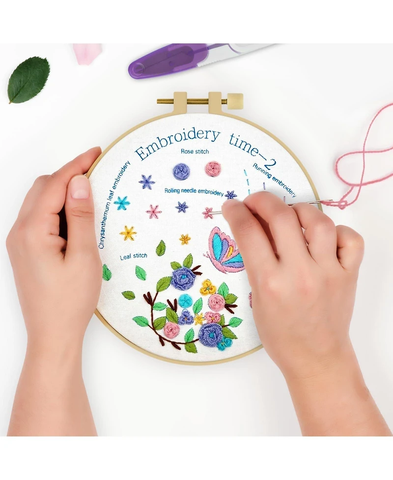 Gnuadz 4 Pack Embroidery Starter Kit Adults Diy Stamped Patterns Hoop Threads Tools Instructions Video Tutorial