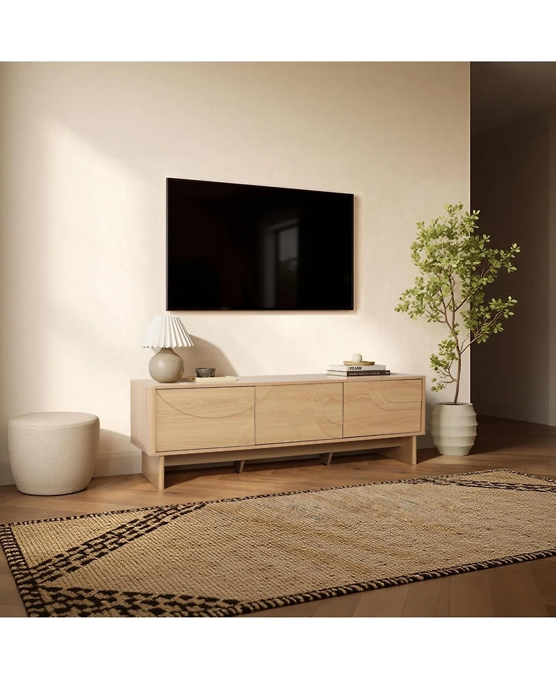 LuxenHome Modern Tv Console with 3 Doors, Geometric Carved Front, Light Wood, Manufactured Wood