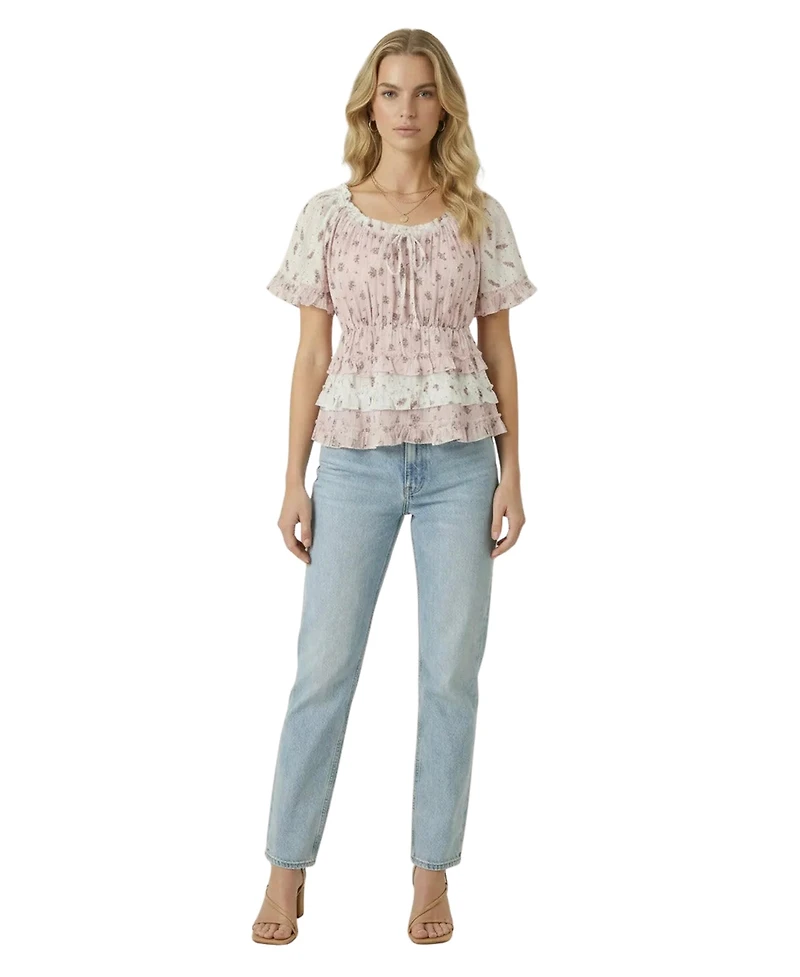 Modenaire Women's Floral Tie-Neck Ruffle Peplum Top
