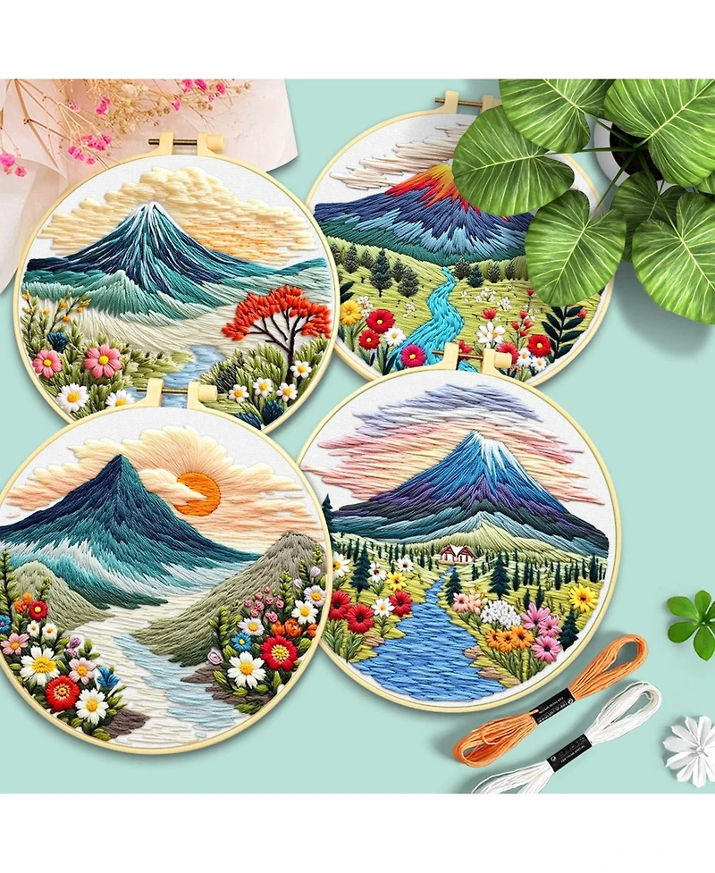 Gnuadz 4 Set Embroidery Kit Beginners Cross Stitch Cloth Hoops Threads Landscape