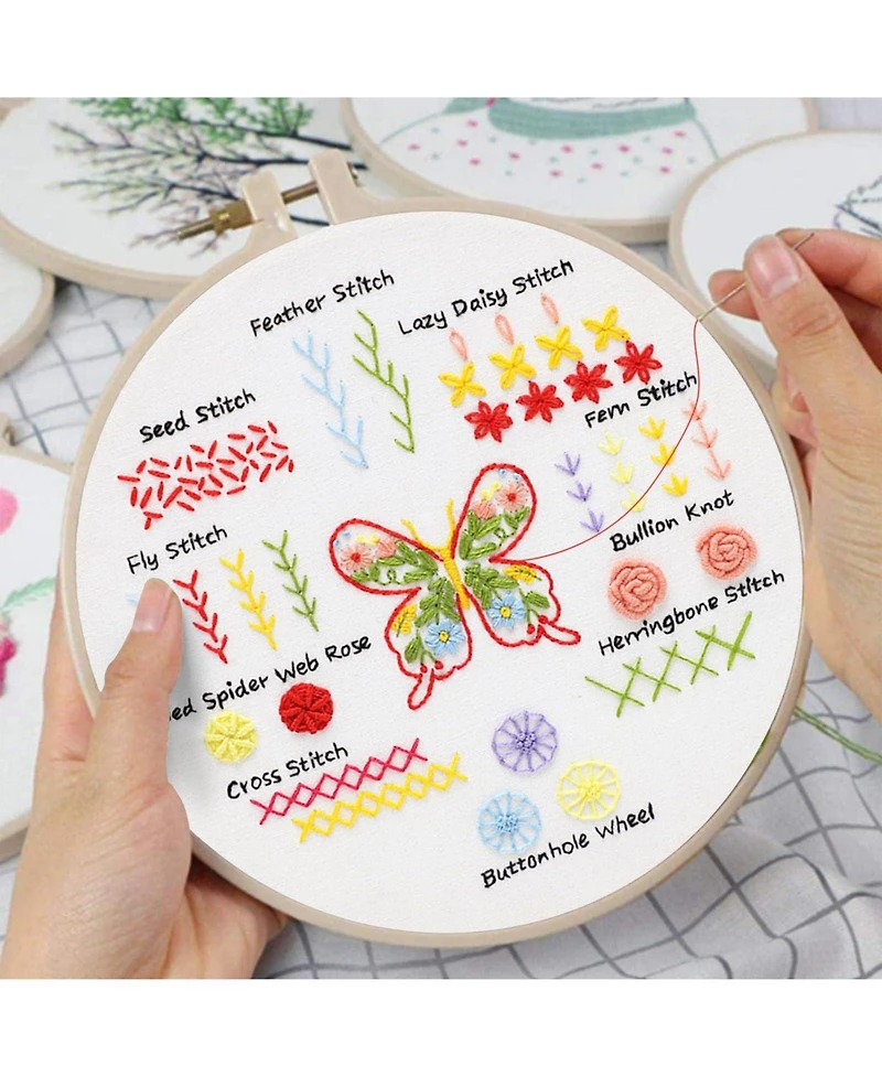 Gnuadz Embroidery Kit Beginners 3 Packs 30 Stitches Practice Tool Hoop Threads