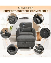 Rainsken Accent Chair and Storage Ottoman Set, Single Chaise Lounge Chair Convertible Sleeper Bed with Usb Port and Phone Stand for Living Room