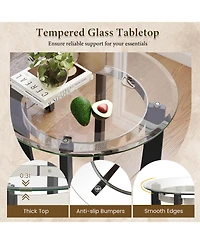 Slickblue Modern Round End Table with Glass Top and Rubber Wood Base, Accent Side