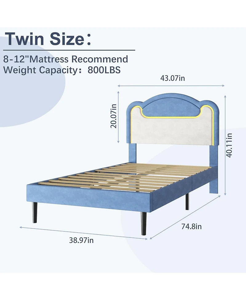Princess Bed Frame for Girls with Led Light, Upholstered Headboard, Sturdy Wood Slats, No Box Spring Needed