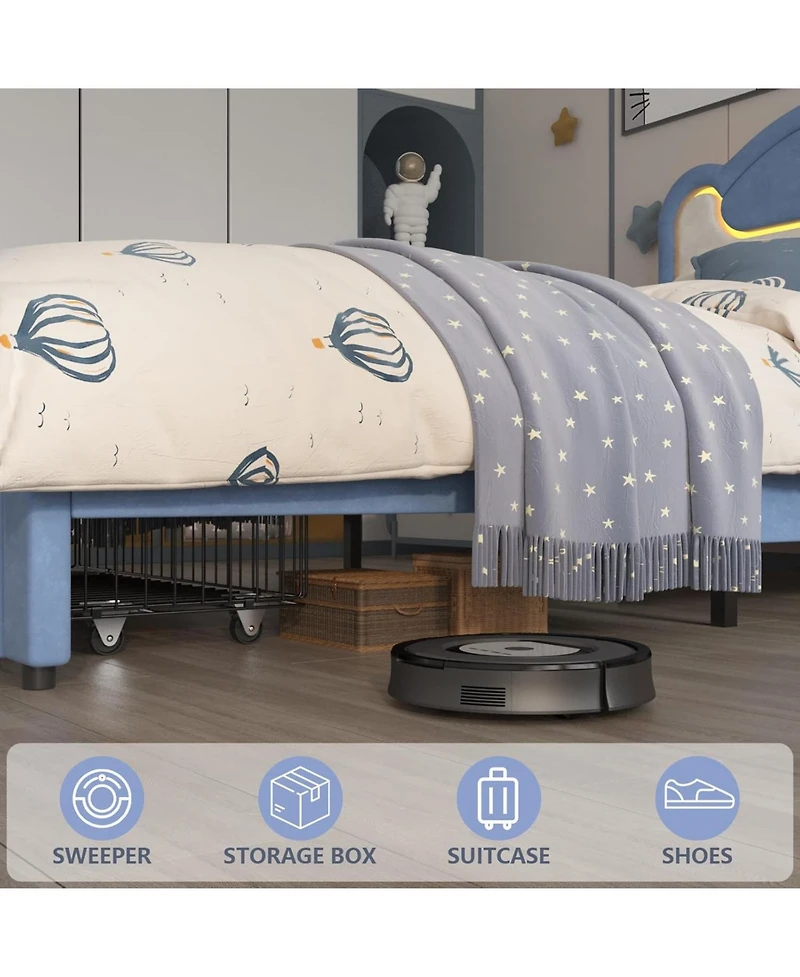 Princess Bed Frame for Girls with Led Light, Upholstered Headboard, Sturdy Wood Slats, No Box Spring Needed, Perfect for Kids