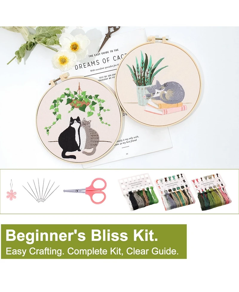 Gnuadz 3 Pack Embroidery Kit Beginners Cat Pattern Cross Stitch Hoops Threads Needles