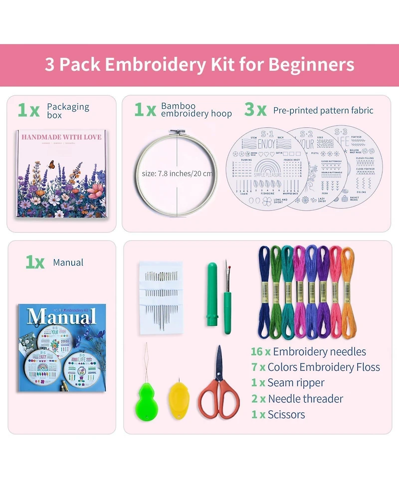 Gnuadz 3-pack Embroidery Kit Beginners Adults Learn Stitches Diy Patterns Hoop Threads Tools Instructions Tutorials